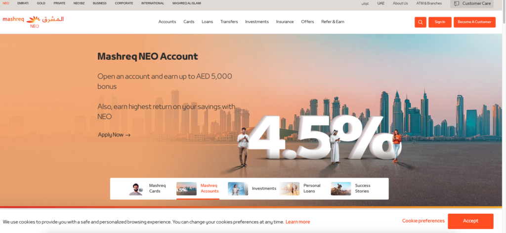 Mashreq Zero Balance Account dashboard in website