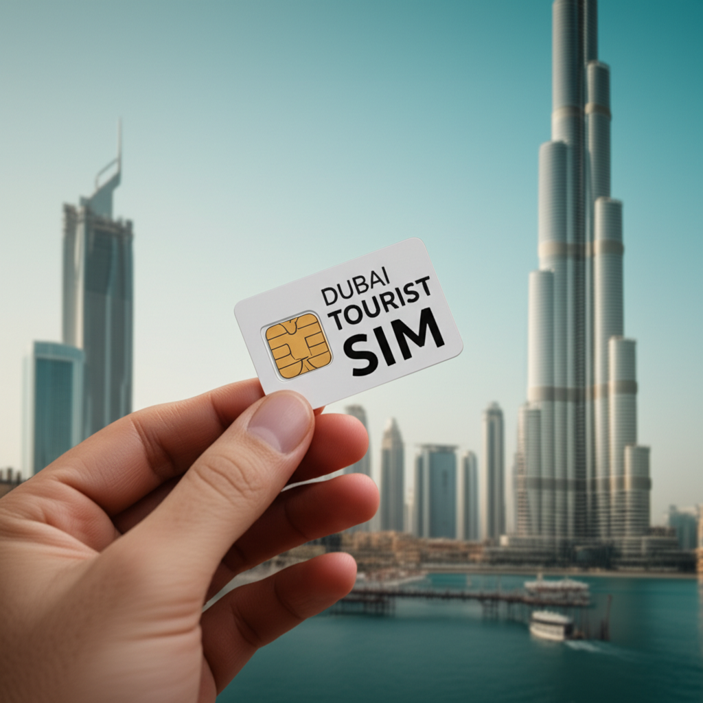 Generate a high-quality, relevant image prompt for an article about: Dubai Sim Card For Tourists: Es
