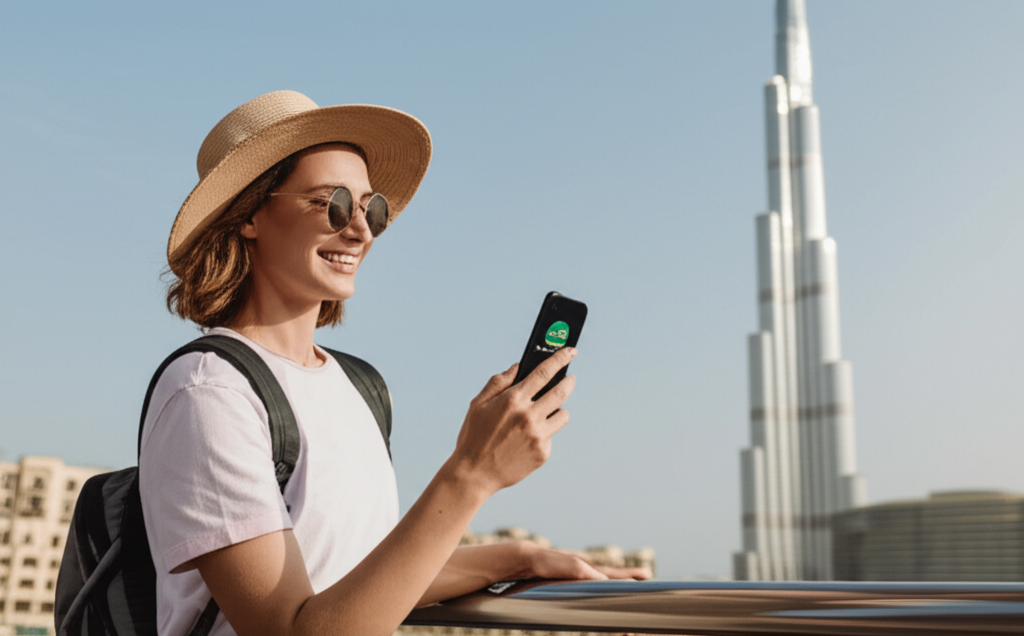 Generate a high-quality, relevant image prompt for an article about: Dubai Sim Card For Tourists: Es