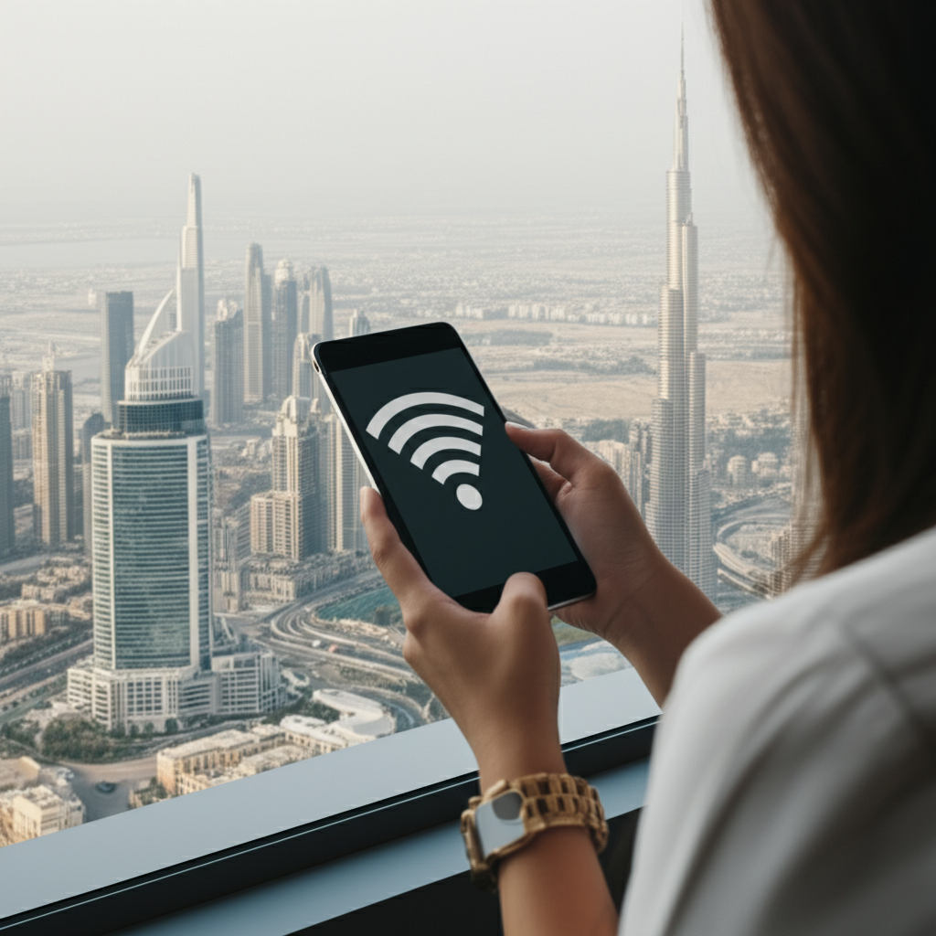 Generate a high-quality, relevant image prompt for an article about: Is Wifi Free In Dubai: Your Ess