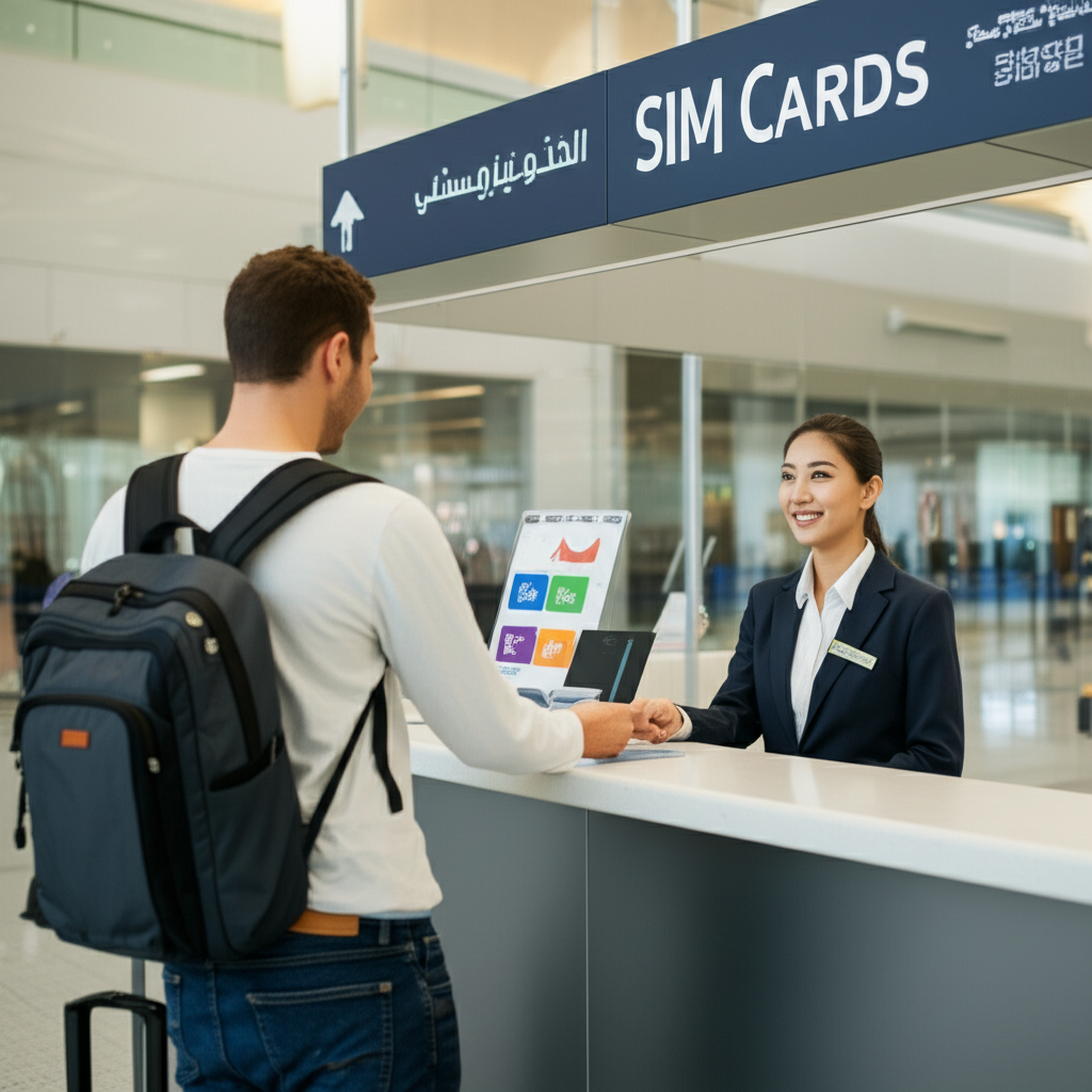 Generate a high-quality, relevant image prompt for an article about: How to Get SIM in Dubai Airport
