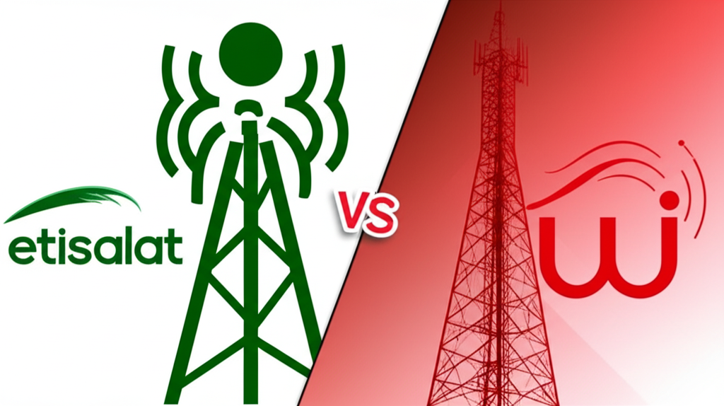 Generate a high-quality, relevant image prompt for an article about: Etisalat vs Du in Dubai: Essent