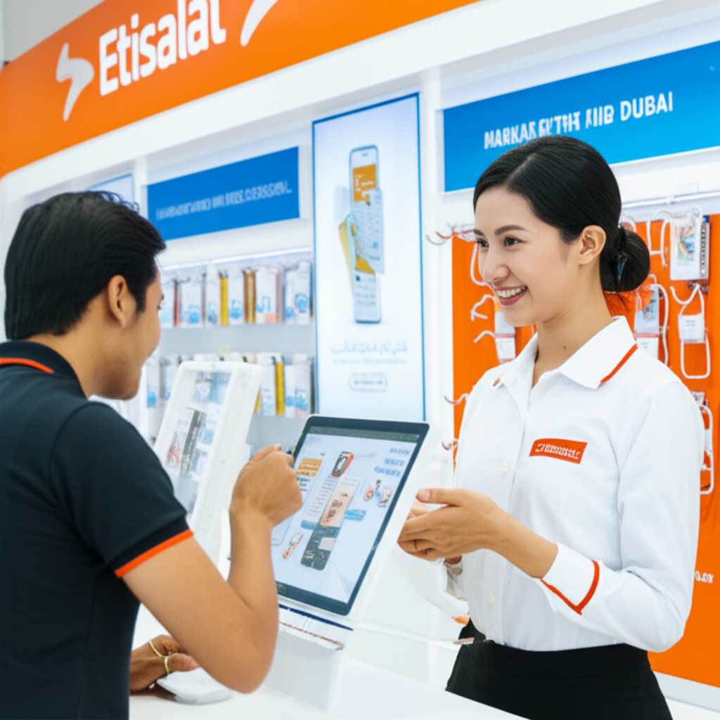 Generate a high-quality, relevant image prompt for an article about: How To Buy Etisalat SIM in Duba